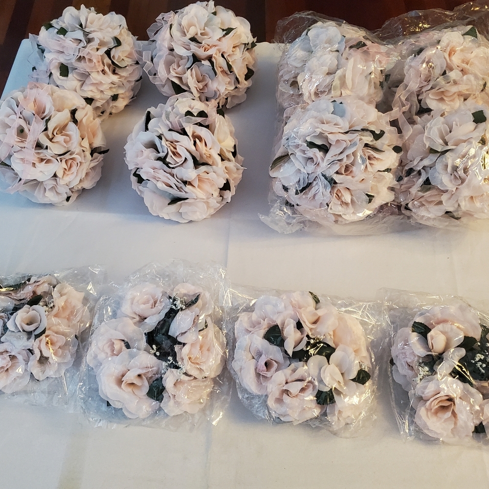 Blush Pink Satin Rose Kissing Flower Balls With Matching Candle Ring Wreaths